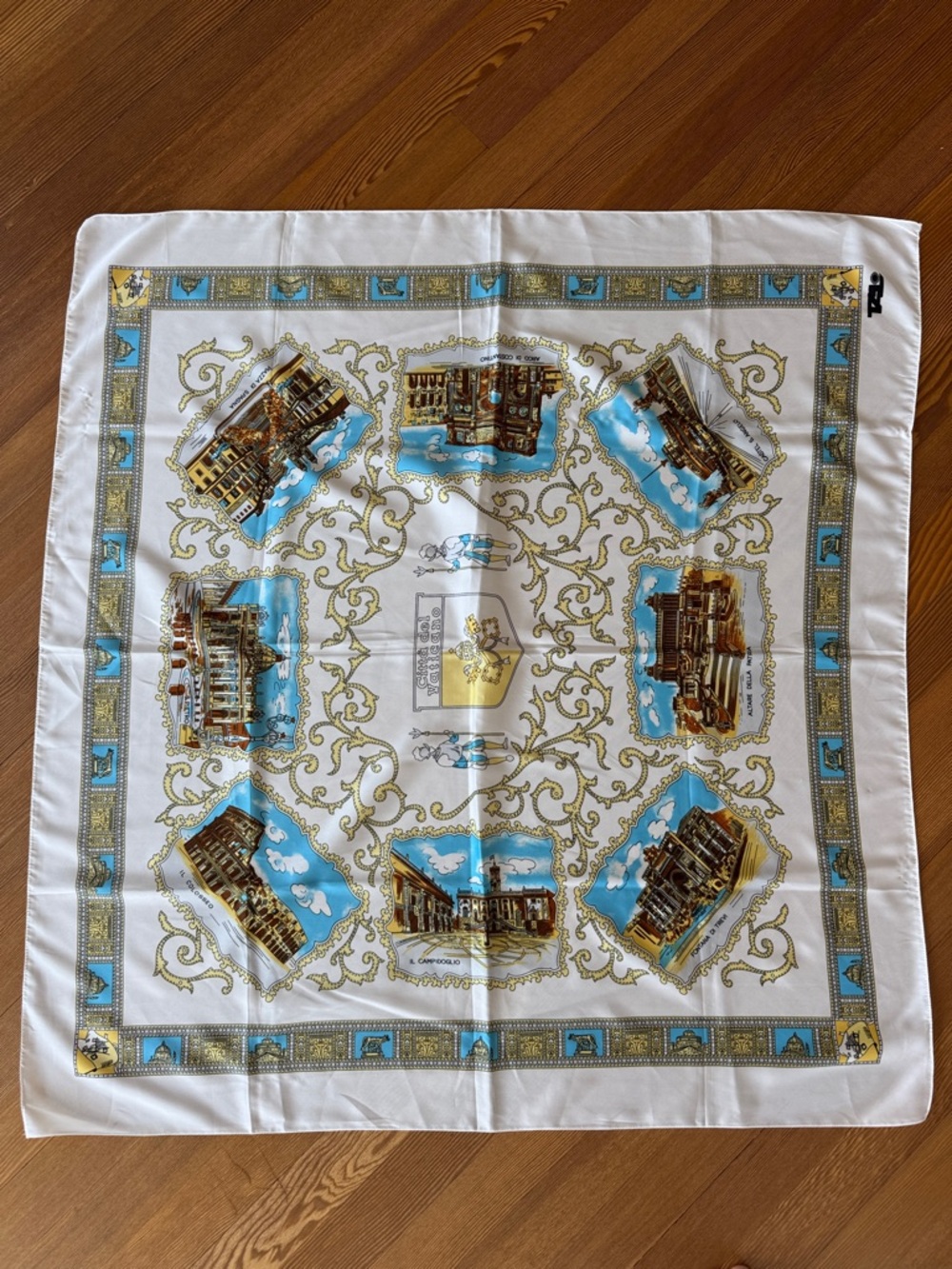 VATICAN CITY ITALY White & Turquoise Baroque Print Silk Scarf - Picture 2 of 6